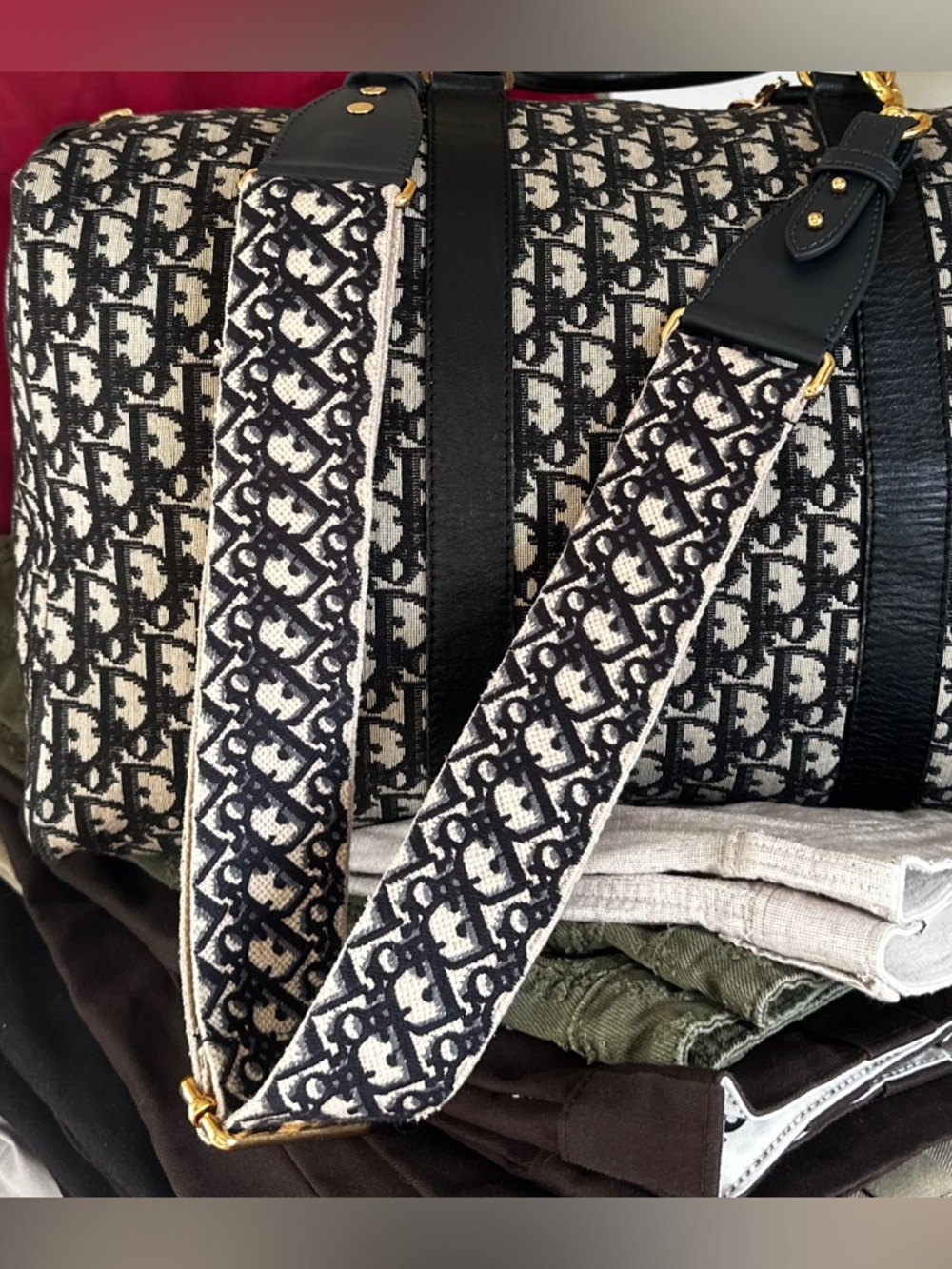 Navy & Cream/ Ivory Jacquard and Leather Monogram Replacement Strap - Full Set - Picture 4 of 7